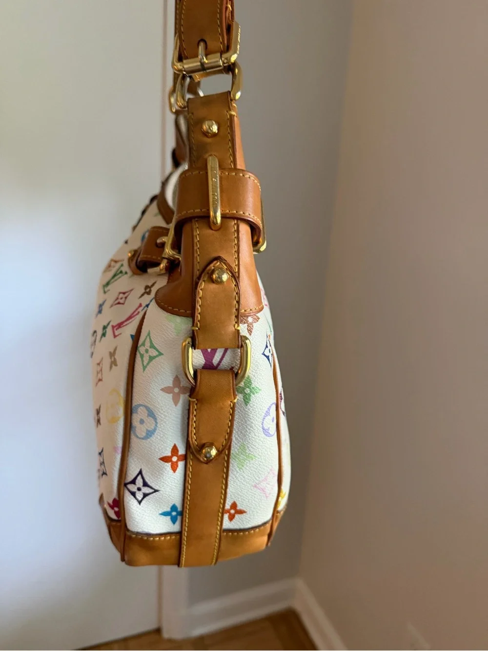 Louis Vuitton Multicolor Monogram White Canvas Shoulder Bag with Tan Trim